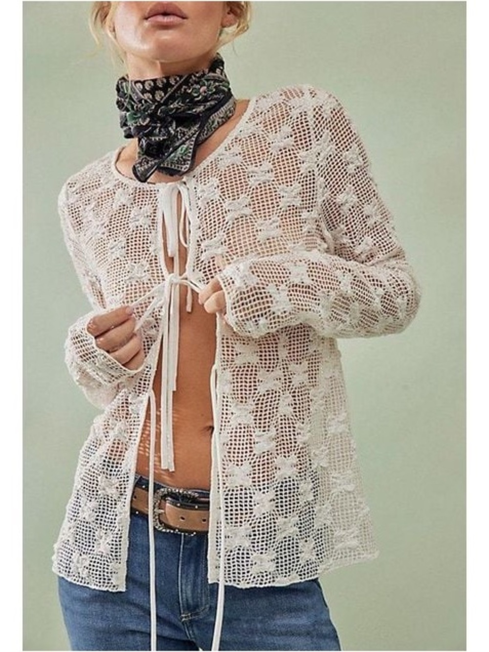 FREE PEOPLE | Julie Knit Top Tie Front Long Sleeve SZ M